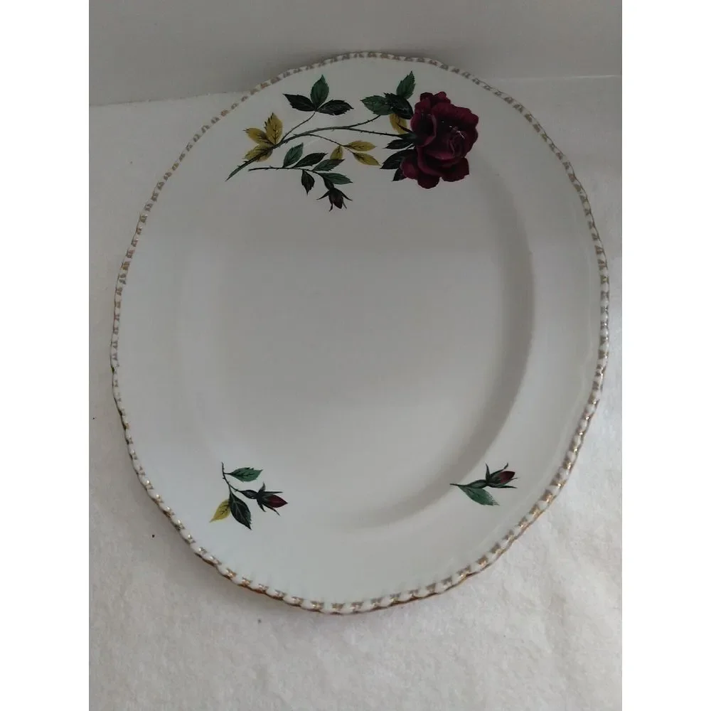 Wood & Sons England Alpine White Ironstone Oval‎ Platter Burgundy Red Rose 12